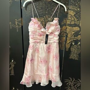 Lulus Flirty Perception Pink Floral Organza Ruched Ruffled Mini Dress - with tag